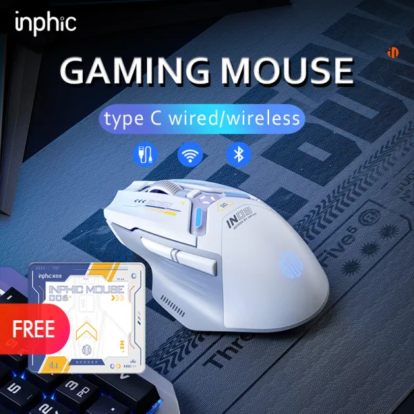 เมาส์ไร้สาย Inphic IN9 แบบมีสายและเมาส์ไร้สายแบบชาร์จได้เมาส์เล่นเกมส์แสง RGB 10000DPI 6ปุ่มตั้งโปรแกรมได้และเมาส์เซ็นเซอร์ออปติคัลบลูทูธสามโหมด (ชนิด C แบบมีสาย/2.4 Ghz/ Bluetooth5.0)