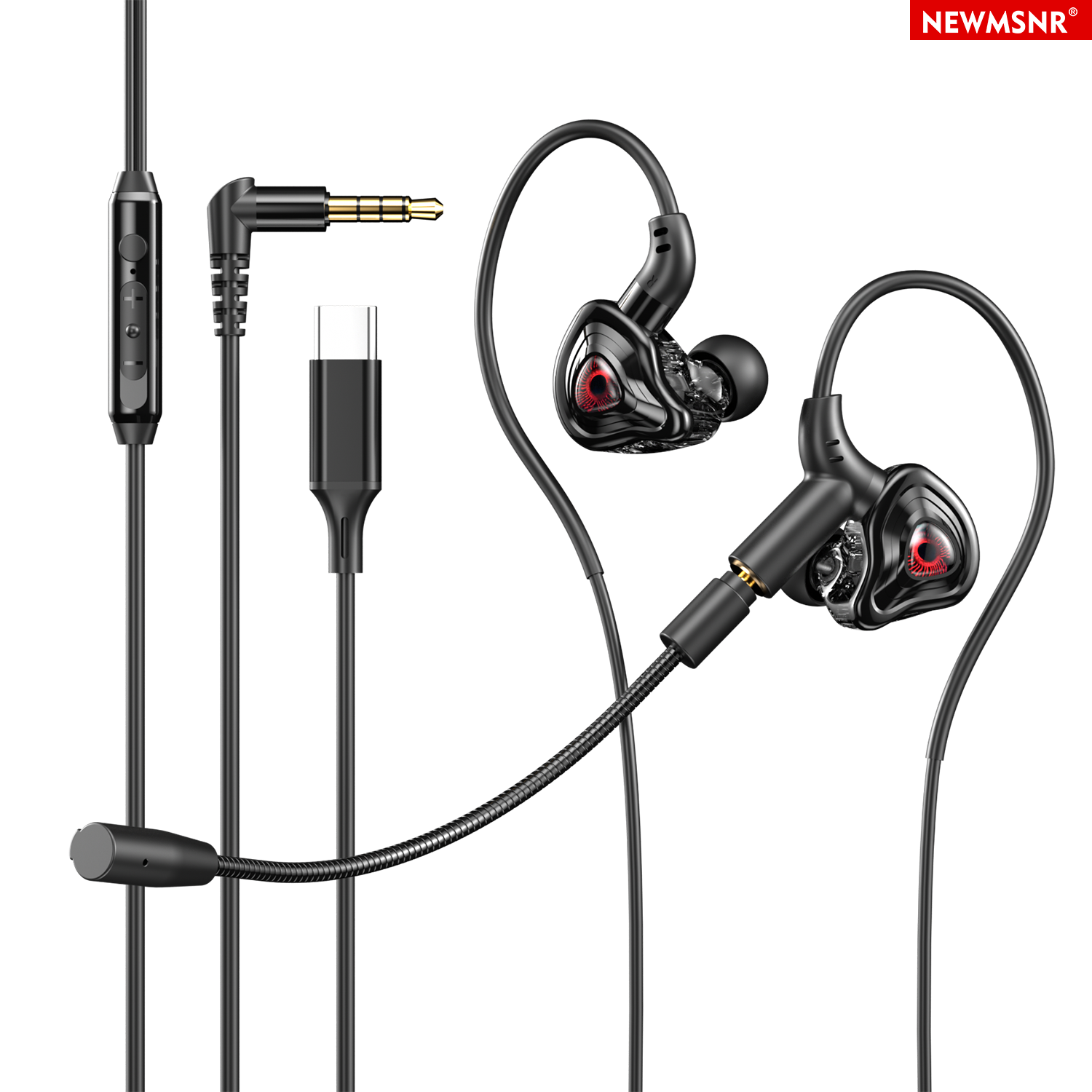 NEWMSNR ไมโครโฟนแบบเสียบได้หูฟังหูฟังเล่นเกมสีดำพร้อมไมค์ลดเสียงรบกวนแบบ HD อินเอียร์หูฟังเครื่องเสียงเบส HiFi หูฟังเกมเลย์