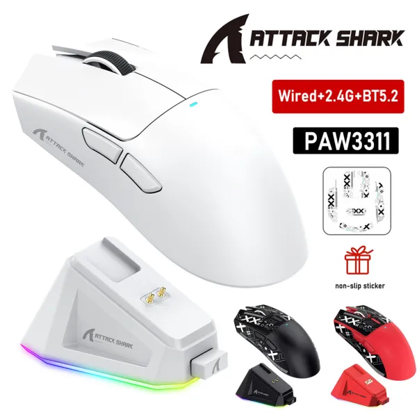 ATTACK SHARK X11 PAW3311 Wireless Mouse Tri-Mode 2.4GHz/Wired/Bluetooth Touch Magnetic Charging Dock Ultra-Light Gaming Mouse