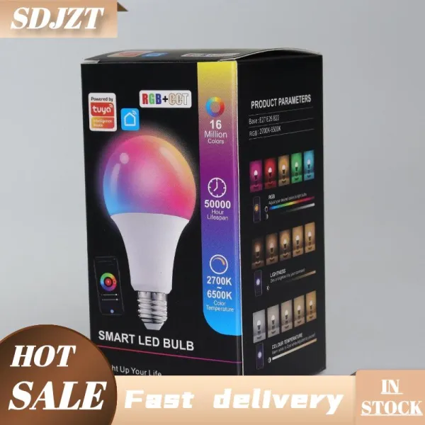 SDJZT หลอดไฟแอลอีดีอัจฉริยะสี E27หลอด RGB สำหรับ Tuya โคมไฟ Wifi บลูทูธควบคุมได้แอปหลอด LED หรี่แสงได้220V ควบคุมแอปในบ้านห้องนอนปรับสีได้16ล้านสี