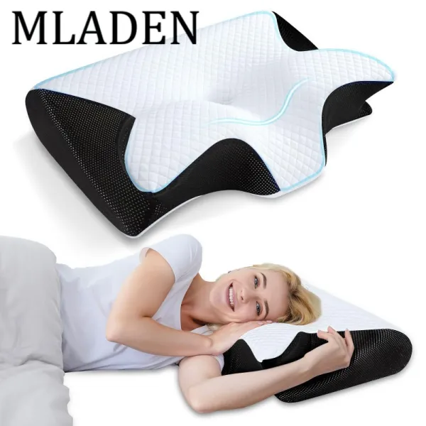 MLADEN หมอนคอ หมอนหนุน หมอนสุขภาพ ทรงผีเสื้อ ออกแบบมีส่วนโค้งเว้ารับต้นคอ Ergonomics Deep Sleep เมมโมรี่โฟม