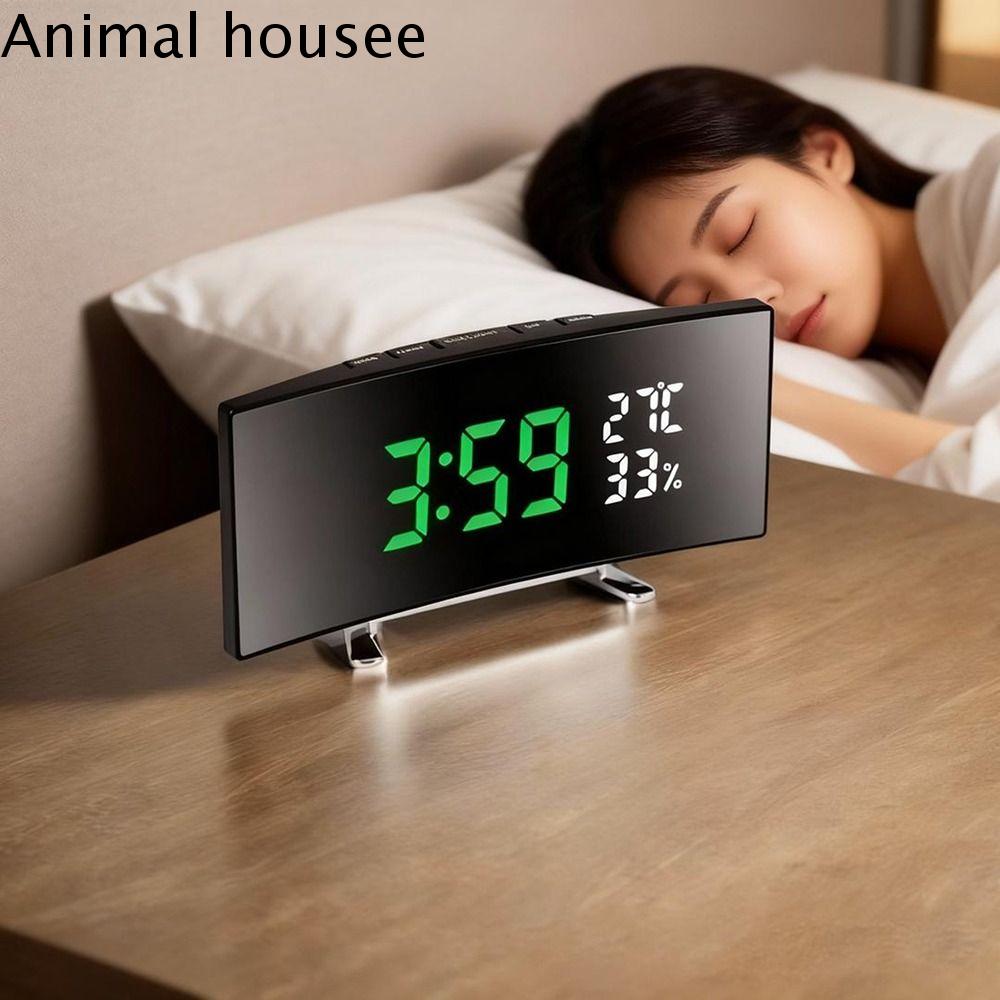 ANIMAL หน้าจอโค้ง นาฬิกาปลุกดิจิตอล ใหญ่ ความชื้นอุณหภูมิ นาฬิกาดิจิตอล LED ทันสมัย 12/24 ชม. นาฬิกาตั้งโต๊ะ ของตกแต่งบ้าน