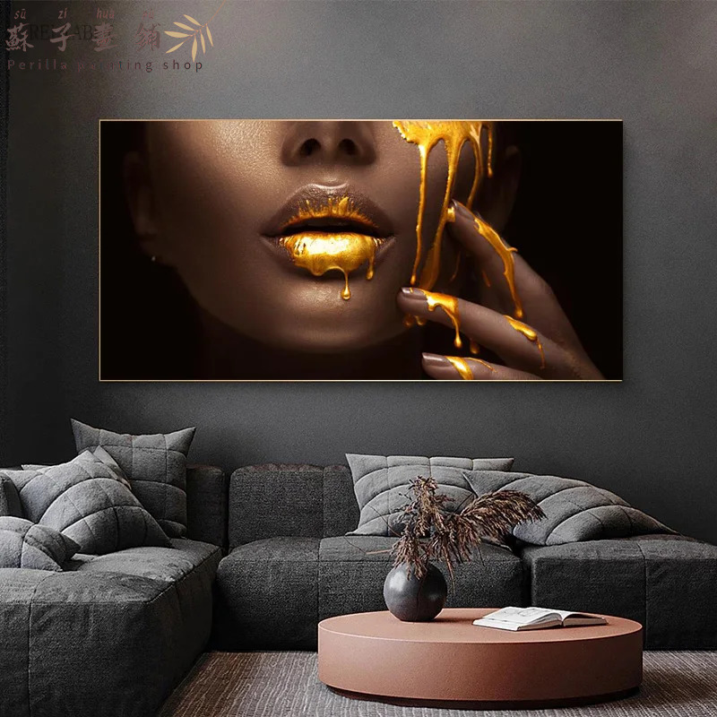 Perilla-Home Decoration Women's Oil Painting Wall Art Posters and Printmaking Gold Sexy Lips Art Picture Room Decoration Printing Canvas Mural A2399Q4