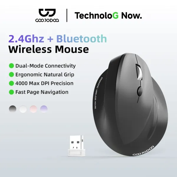 GOOJODOQ เมาส์แนวตั้ง 4000DPI เมาส์ไร้สายตามหลักสรีรศาสตร์Silent Click 2.4G/บลูทูธสําหรับแล็ปท็อปพีซี