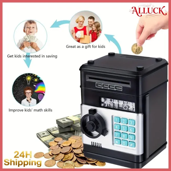 ALLUCK พลาสติกทำจากพลาสติก กระปุกออมสินอิเล็กทรอนิกส์ รหัสตัวนับรหัสผ่าน อุปกรณ์อิเล็กทรอนิกส์อิเล็กทรอนิกส์ เงินฝากที่ปลอดภัย มี6สี เหรียญเก็บเงินสด ของขวัญสำหรับเด็ก