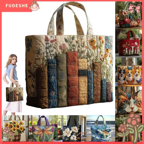 FUDESHE รูปแบบการพิมพ์ 3 มิติ กระเป๋าโท้ตผู้หญิงแบบเย็บติดกัน น้ำหนักเบา วินเทจ ถุงช้อปปิ้ง แฟชั่นทันสมัย ผ้าฝ้าย กระเป๋าสะพายผ้าแคนวาส คุณหญิง
