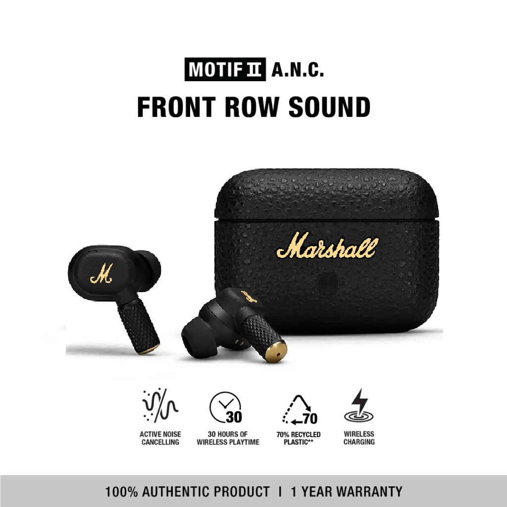 หูฟังไร้สาย Marshall Motif II A.N.C. หูฟัง Type-C กันน้ำ สำหรับเล่นกีฬา หูฟังบลูทูธแบบใส่ในหู พร้อมไมโครโฟน สำหรับเล่นเกมบน iOS/Android แบตเตอรี่ใช้งานได้นาน 25 ชั่วโมง