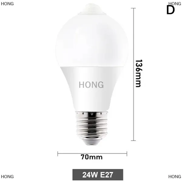 HONG หลอดไฟ LED เซ็นเซอร์เคลื่อนไหว E27, หลอดไฟ LED 24W 18W 15W 12W โคมไฟเซนเซอร์ PIR เปิด ปิดไฟกลางคืนไฟจอดรถบ้าน