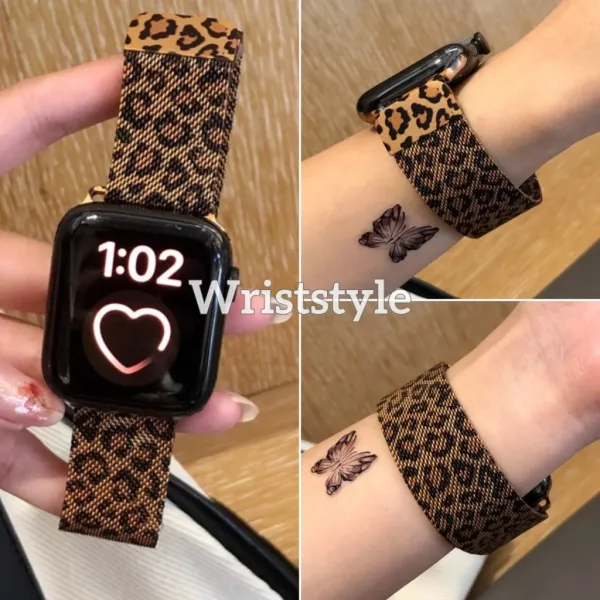 สายรัดข้อมือพิมพ์ Leopard Milanese สำหรับ Apple Watch Series 11/10 S9/8/7/6/5/4/3/2/1 SE2 ULTRA สายรัดข้อมือทดแทนโลหะแม่เหล็กสำหรับ iWatch 49MM 46 45 44 42 41 40