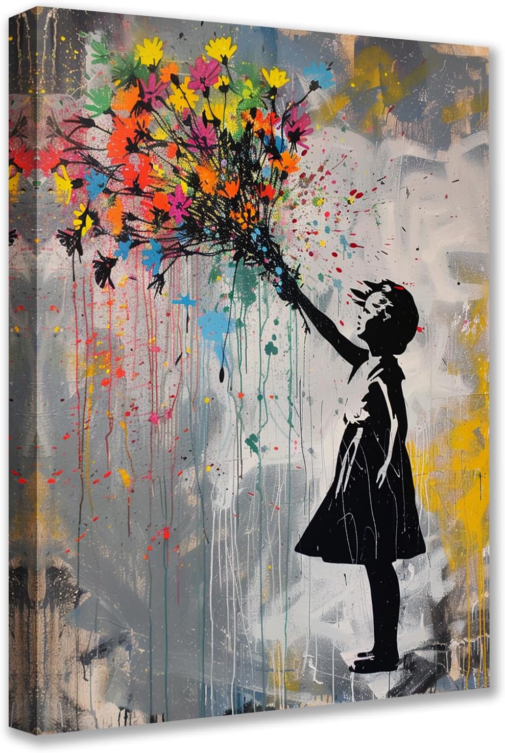Art Work for Home Walls Banksy Girl Pictures Colorful Flowers Graffiti Paintings 1 Panel Canvas Abstract Street Art Modern Artwork Home Decor for Living Room 0411js
