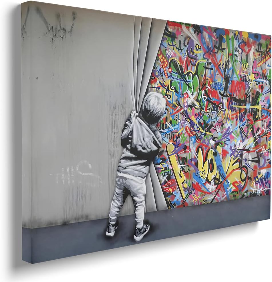Graffiti Banksy Canvas Wall Art Poster Prints Colorful a Kid Boy Behind The Curtain Picture Artwork Abstract Street Graffiti Art Wall Decor Bedroom Living Room Kitchen Office Decoration 0411js