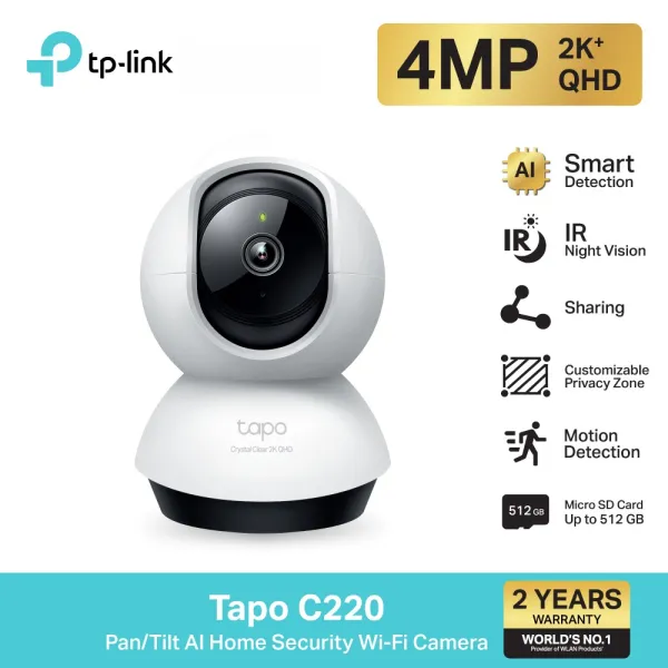 TP-Link Tapo C220 กล้องไวไฟ 4MP 2K+ QHD คมชัดพิเศษ Pan/Tilt 360º มี Smart AI แยกได้ทั้งคน สัตว์ พาหนะ พร้อมแจ้งเตือน