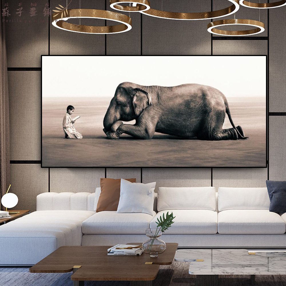 Reader Little Boy and Audience Elephant Posters and Prints Wall Art Canvas Painting Living Room Decoration Zen Painting
